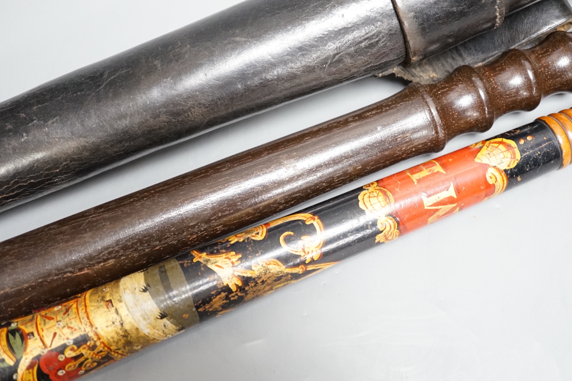 A Victorian painted wood ceremonial truncheon, 44cm and one other truncheon in leather case